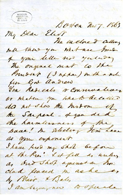 1863年11月7日、ボストンのJ.M.F.[J.M.Forbes]からエリオット[William G. Eliot]への署名入り手紙 作： J. M. Forbes