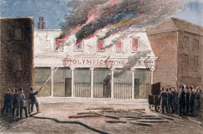 1849年、ロンドン、ウェストミンスターのウィッチ・ストリートにあるオリンピック・シアターの火災 作： J Maund