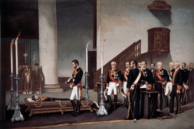 プリム将軍の棺の前に立つアメデオ1世、J.パラシオスの刻印入り 作： J. Palacios