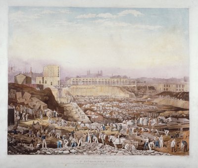 1828 年 1 月、ロンドン、ステップニーのセント キャサリンズ ドックでの建設工事の様子 作： J Phelps