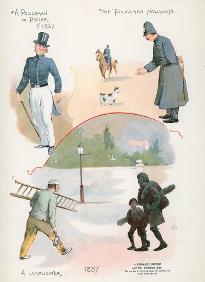 1837年の警官またはピーラー、今日の警官、ランプライター、煙突掃除人 作： J. R. Sinclair