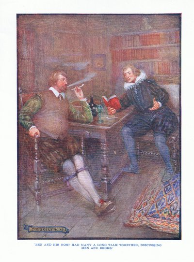 ベンと彼のホストは多くの長い話し合いを持ち、男性と本について議論しました。 作： J. R. Skelton