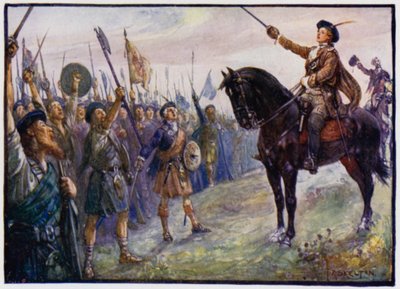 25歳のボニー王子チャーリーは彼の軍隊、1745年のジャコバイトライジングを演説しました 作： J. R. Skelton