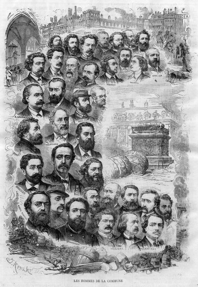 1870年のJ・ロベールによるパリ・コミューンの男たち（シャルル・ドレスクルゼ、フェリックス・ピャット、シャルル・フェルディナン・ガンボン、パッシャル・グルッセ、ジュール・ヴァレスとギュスターヴ・クールベ、アルトゥール・アルヌール、シャルル・アムルー、ヴィクトール・クレマン、ジュール・ベルジュレなど）の版画。 作： J Robert