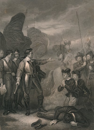 クロムウェルは19世紀半ばの陸軍の反乱、c1640年代を抑制します。 作： J. Rogers