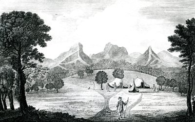 フアン・フェルナンデス島のコモドール・テントの様子（1745年頃）（版画 作： J. S. Mason