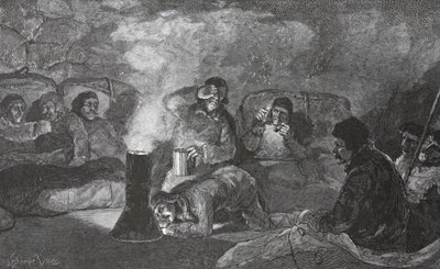 キャンプクレイにある私たちの冬の小屋の内部、調理中、1883パブ。ロンドン1886 作： J. Steeple Davis