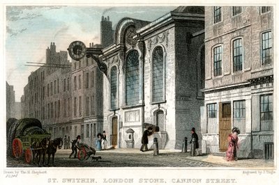 セントスウィーチン教会とロンドンストーン、キャノンストリート、ロンドン市、c1830。 作： J. Tingle