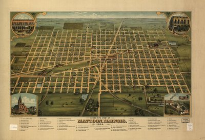 1884 年イリノイ州マトゥーンの鳥瞰図。 作： J. W. Shober and Carqueville Smith