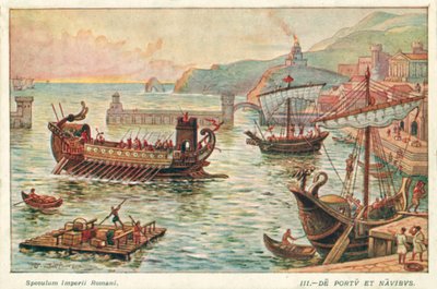 古代ローマの港と船（カラーリトグラフ 作： J. Williamson