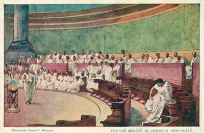 古代ローマの元老院でカティリーネを攻撃するキケロ（カラーリトグラフ 作： J. Williamson