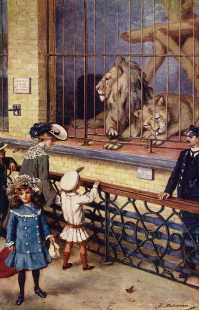動物園のライオン舎にて（カラーリトグラフ 作： J. Williamson