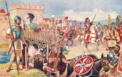 ローマ帝国 - 橋の上を進む兵士の列。 作： J. Williamson