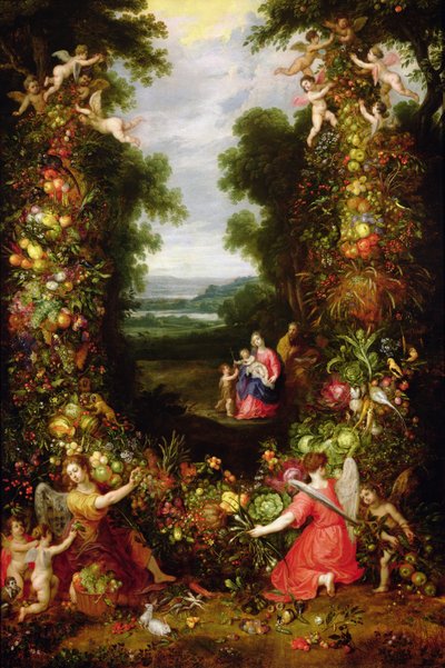 果物と野菜の花輪のある風景の聖家族（パネル） 作： J. and Avont, P. van Brueghel