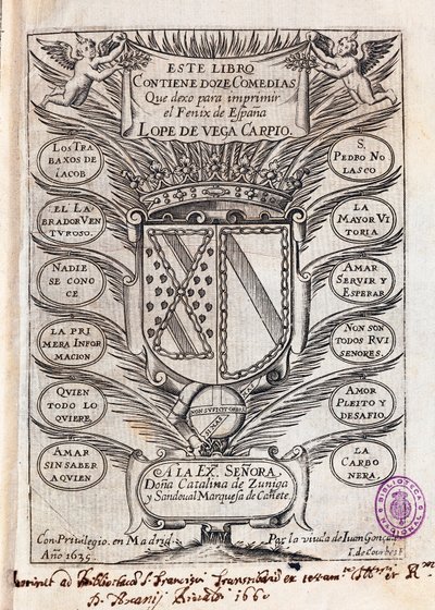 ベガ・カルピオ（1562-1635）によるフェリックス・ロペの12の喜劇集のハーフタイトルページ。 作： J. de (after) Courbes