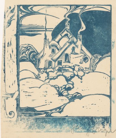 丘陵の風景に煙突のある家 作： Jac Jongert (signed by artist)