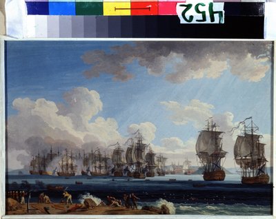「1770 年 5 月 7 日のチェスマの戦い」 (1770 年 7 月 5 日のチェスマ海戦) エカテリーナ 2 世のロシアとオスマン帝国の艦隊がギリシャのキオス島に対抗した (オルロフの革命または遠征隊)。オルロフ兄弟）。 ガッシュの絵 作： Jacob Philippe Hackert