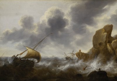 難破船と嵐の中の岩海岸沖の漁船》1664-65年頃（油彩・パネル） 作： Jacob Adriaensz. Bellevois