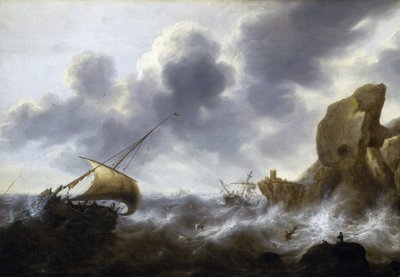 岩だらけの海岸近くで嵐に巻き込まれた漁船と難破船。ヤコブ・アドリアエンス・ベルヴォワ（1621-1675）による油彩・キャンバス。 作： Jacob Adriaensz. Bellevois