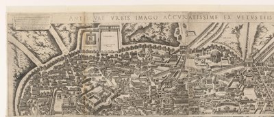 Plattegrond van Rome ten tijde van keizer Augustus (bovenste blad) (オブジェクトのタイトル) 廃墟となった建物の痕跡からの古代ローマの彫像 (オブジェクトのタイトル) 作： Jacob Bos