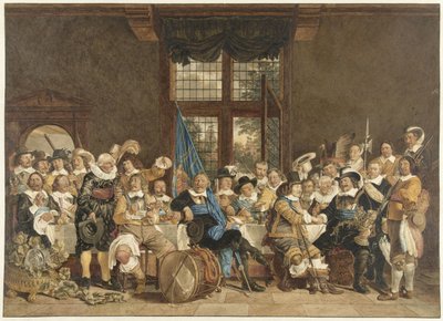 1648 年 6 月 18 日、ミュンスター和平の締結を祝って、アムステルダムのフェトブーグドゥーレンで行われた銃撃者の食事 作： Jacob  Cats