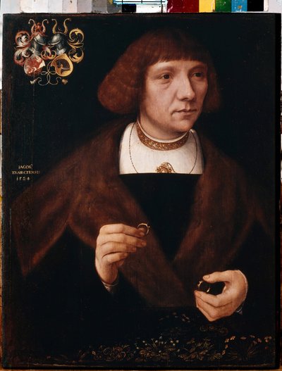 リングを持つ男の肖像。 リングを持つ男性の肖像画。 ヤコブ・ファン・ユトレヒトの絵画（1479年頃～1525年以降） 作： Jacob Claesz. von Utrecht