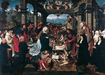 ヤコブ (Jacob Cornelisz van Amsterdam) (ca. 1470-1533) によるキリストの降誕。 木に油彩 作： Jacob Cornelisz van Oostsanen
