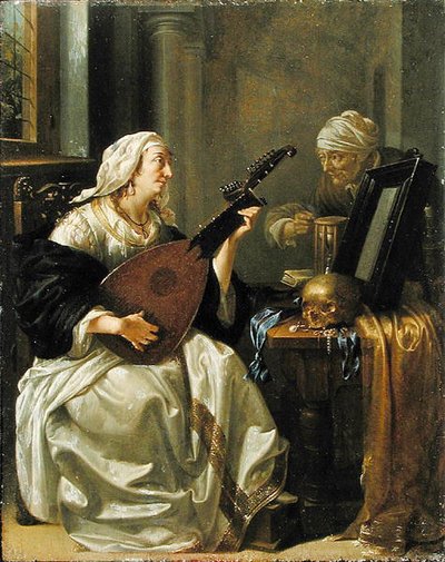 テオルボを持つ女性、ヴァニタス、1660年頃（パネルに油彩） 作： Jacob Duck