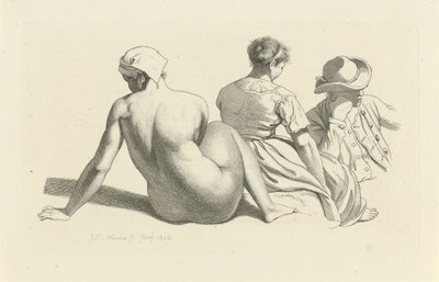座っている裸体と 2 人の人物が描かれた学習シート 習作版画作品／Etudes gravées（連載タイトル） 作： Jacob Ernst Marcus