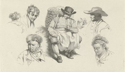 人物が書かれた学習シートと、パイプを持って休む魚屋 習作版画作品／Etudes gravées（連載タイトル） 作： Jacob Ernst Marcus