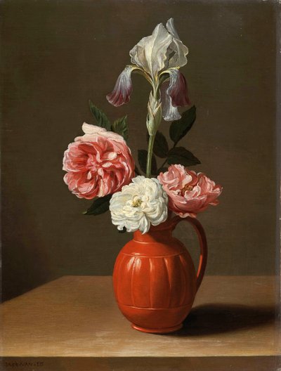 "土鍋に入ったアイリスと3本のバラ" Jacob Foppens van Es (ca. 1596-1666) の絵画, - 木に油彩, Dim 30x29 cm Fondation Custodia 作： Jacob  Foppens van Es