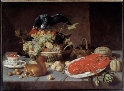 リスのいる静物画。ヤコブ・フォプセン・ファン・エス（v.1596-1666）の絵 Ec.Flam. 作： Jacob  Foppens van Es