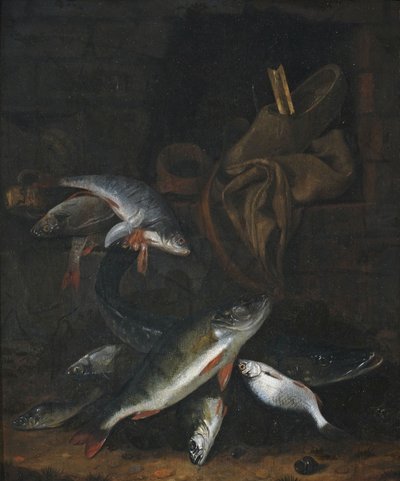 壁に描かれたカマスと鯛の魚の静物画 作： Jacob Gillig
