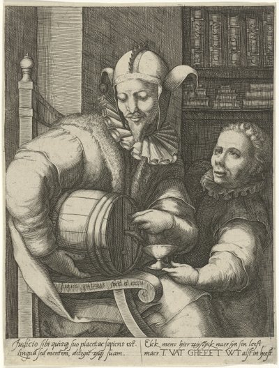 ワインの樽を持つ道化師 作： Jacob Goltzius (II)