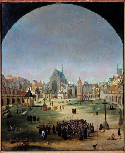 フランソワ1世の時代のイノセントの墓地とその集団墓地 絵画：Jakob Grimer (1526-1589) 作： Jacob Grimmer