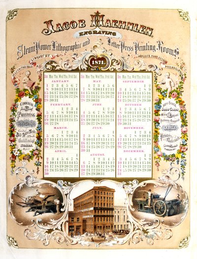 ジェイコブヘーレン彫刻家-1871年、1871年のカレンダー（リトグラフ） 作： Jacob Haehnlen