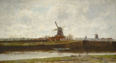 1873 年、ハーグの Noordwest Buitensingel にある風車と橋の眺め。 作： Jacob Henricus Maris