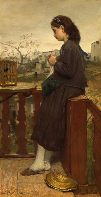 モンマルトルのバルコニーで編み物をしている少女（1869年） 作： Jacob Henricus or Hendricus Maris