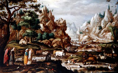 ノアと動物たちのいる岩場の風景」（油彩・パネル） 作： Jacob II (circle of) Savery