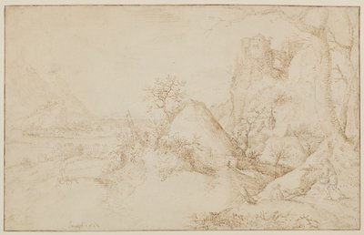 2人の農民と1つの犬のいる風景、c.1525-69 作： Jacob I Savery