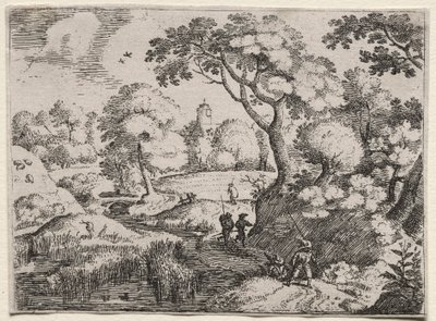 Six Landscapes: 湿地と樹木が茂った堤防の間の道 作： Jacob I Savery