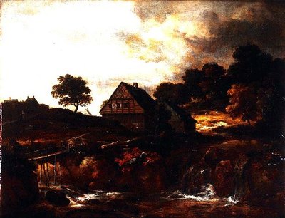 激流にかかる橋の上に農民がいる森の風景 作： Jacob I. van (follower of) Ruisdael