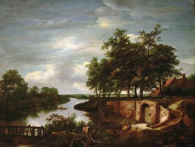 Paysage fluvial avec une entree de cave - River Landscape with Cellar Entrance - Jacob Isaacksz van Ruisdael (1628/29-1682).木に油彩 作： Jacob van Ruisdael