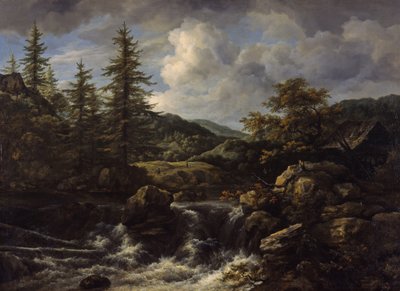 滝のある樹木が茂った風景、c.1665-1670 作： Jacob van Ruisdael
