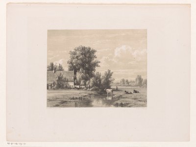 水の中に農場と牛がいる風景 作： Jacob Jan van der Maaten