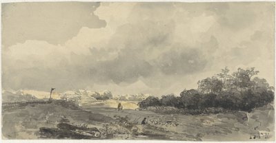 重い曇り空の下で羊飼いのいる風景 作： Jacob Jan van der Maaten