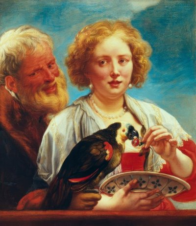 老人とオウムを持つ若い女性 作： Jacob Jordaens