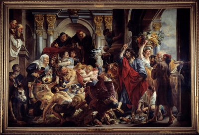 神殿から商人を追いかけるイエス ジェイコブ・ヨルダーンス（1593-1678）の絵画 17世紀 日.2.88 x 4.36 m. 。 作： Jacob Jordaens