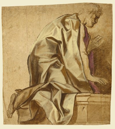 ひざまずく男、右向き（レクト）；人物スケッチ（裏面） 作： Jacob Jordaens