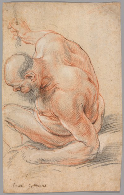 裸の老人が座って、前腕にもたれ、左を向いている 作： Jacob Jordaens